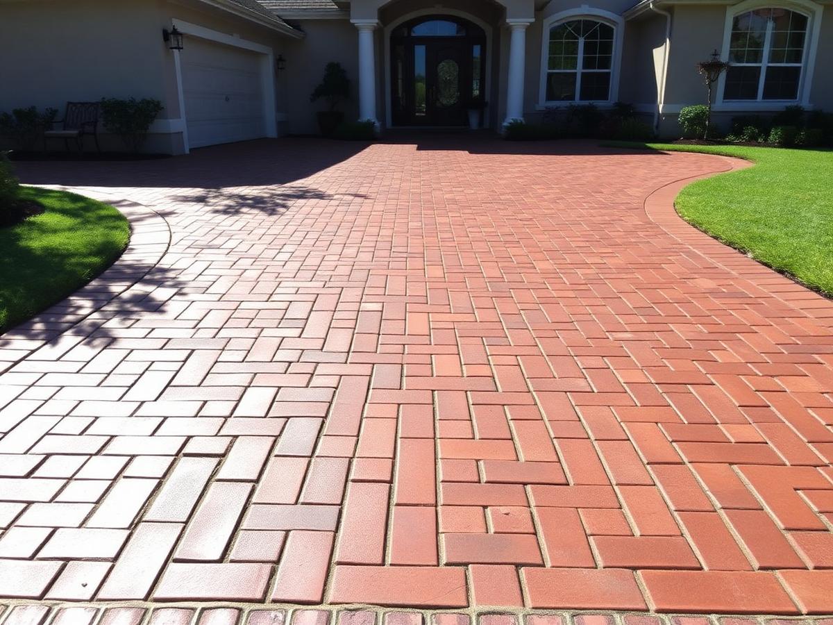 Freshly sealed brick paver driveway in front of a Florida home
